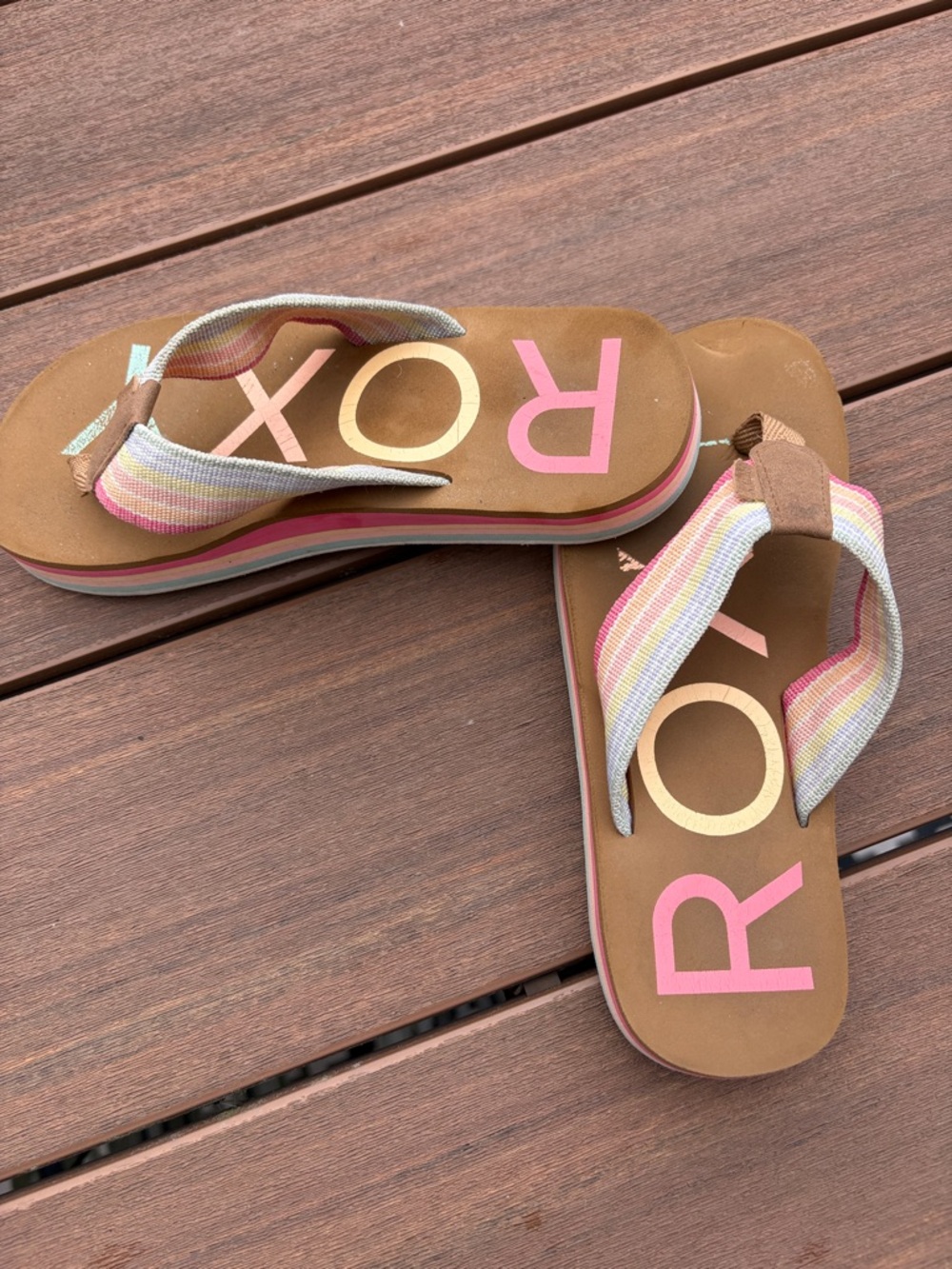 Roxy Kids Flip Flops with Pink and Yellow Logo and Multicolor Straps
